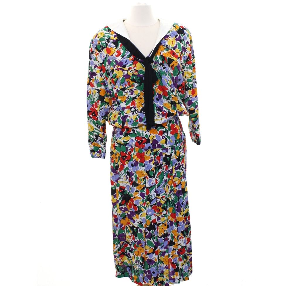 Vintage 80s Joan Martin Floral Midi Dress Scarf Tie Pleated Women's Small